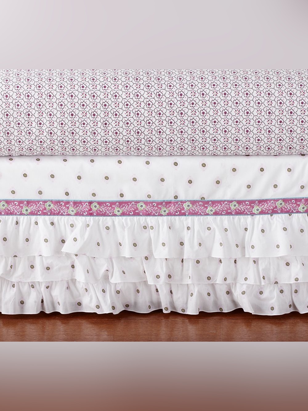 Pottery Barn Brooklyn Crib Bed Skirt Tier Ruffles White Purple Green Floral NWT